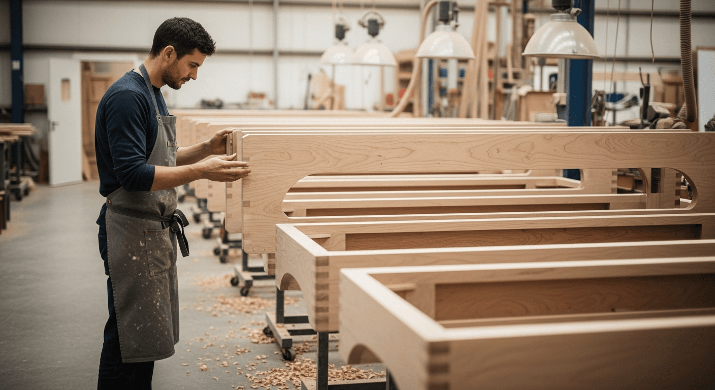Skilled craftsman assembling a premium wooden pilates reformer in our manufacturing facility